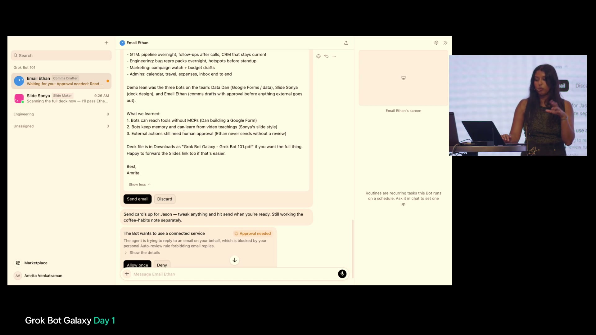 Email Ethanのメール下書きとSend emailボタン、追加の承認を求めるカードが表示された画面。