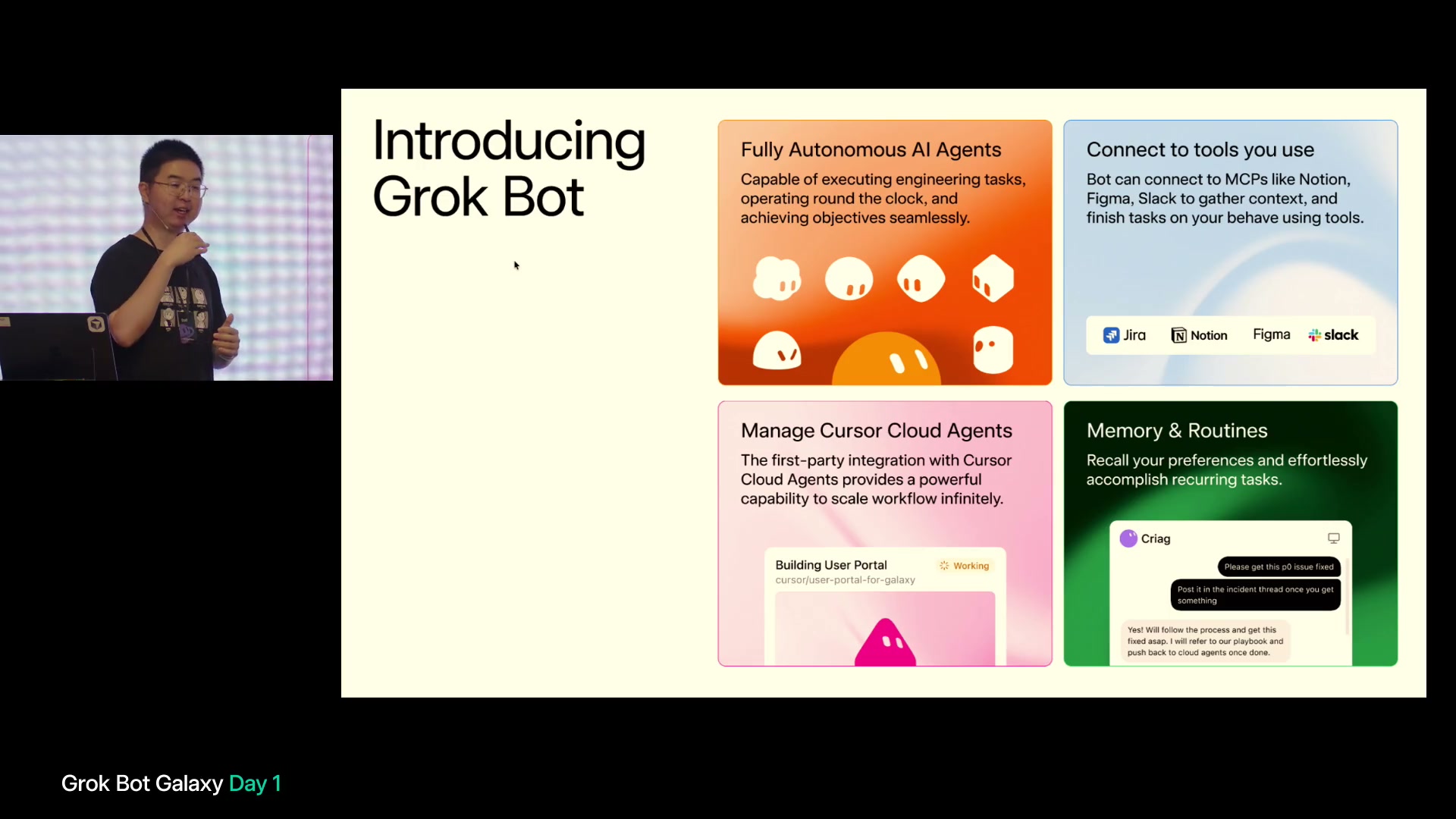 Introducing Grok Bot。自律作業、ツール接続、Cloud Agentsの管理、Memory & Routinesの4項目が色分けされている。