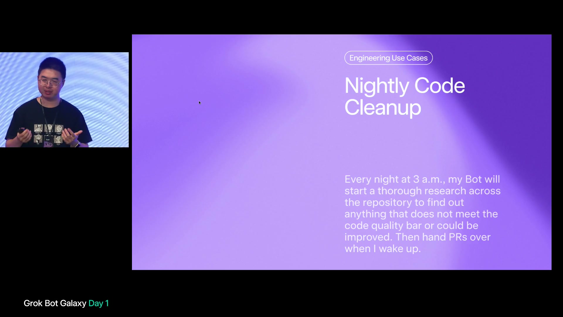 Nightly Code Cleanup。午前3時のリポジトリ調査と、翌朝にPRを受け取る運用例を示すスライド。
