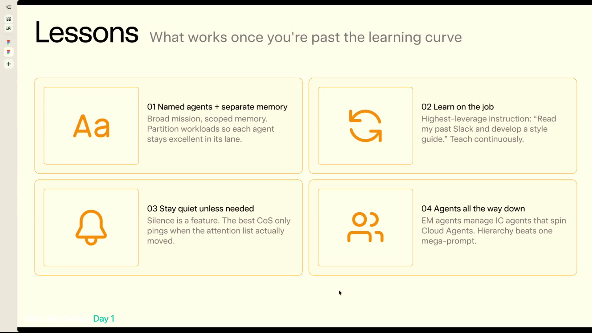 「Lessons」のスライド。Named agents + separate memory、Learn on the job、Stay quiet unless needed、Agents all the way downの4枠がある。